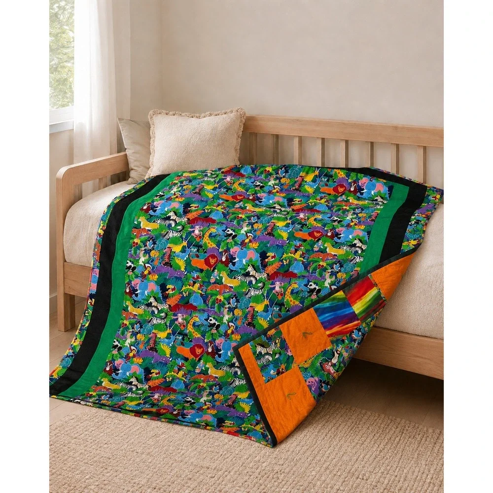 Handmade Reversible Twin Quilt 68x62 Colorful Jungle Animal Patchwork
